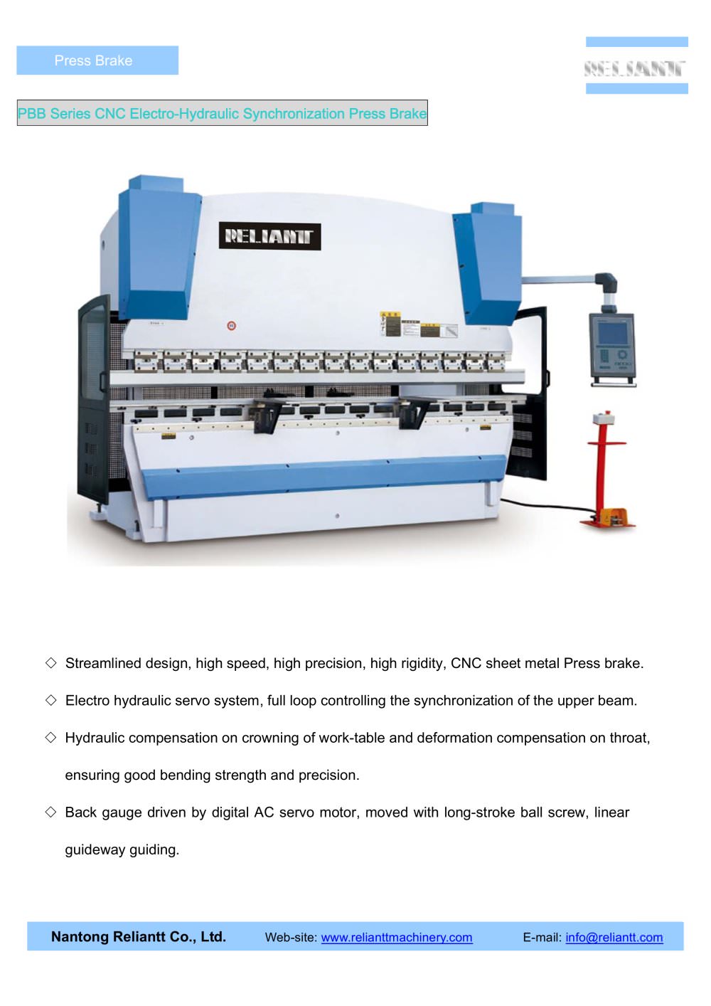 CNC Electro-Hydraulic Synchronization Press Brake (PBB) - Nantong Reliantt Co., Ltd.