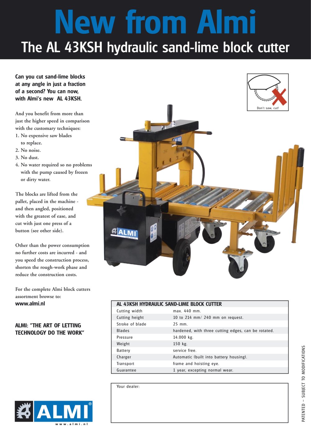 The AL 43KSH hydraulic sand-lime block cutter - ALMI Machinefabriek BV