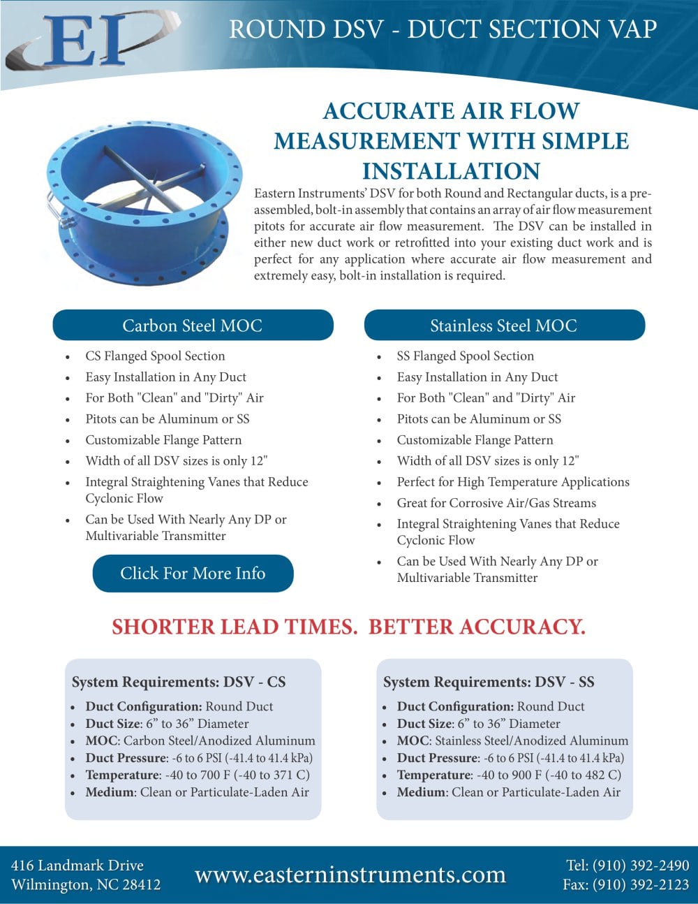 Dsv Air Flow Element Round Duct Cut Sheet Eastern Instruments Dsv Air Flow Element Round Duct Cut Sheet 1 Pages
