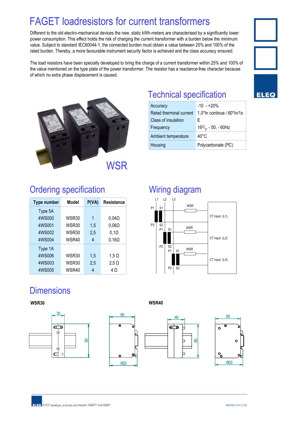 Load resistors to raise the secondary load of current transformers, model WSR60 - 1 / 1 Pages