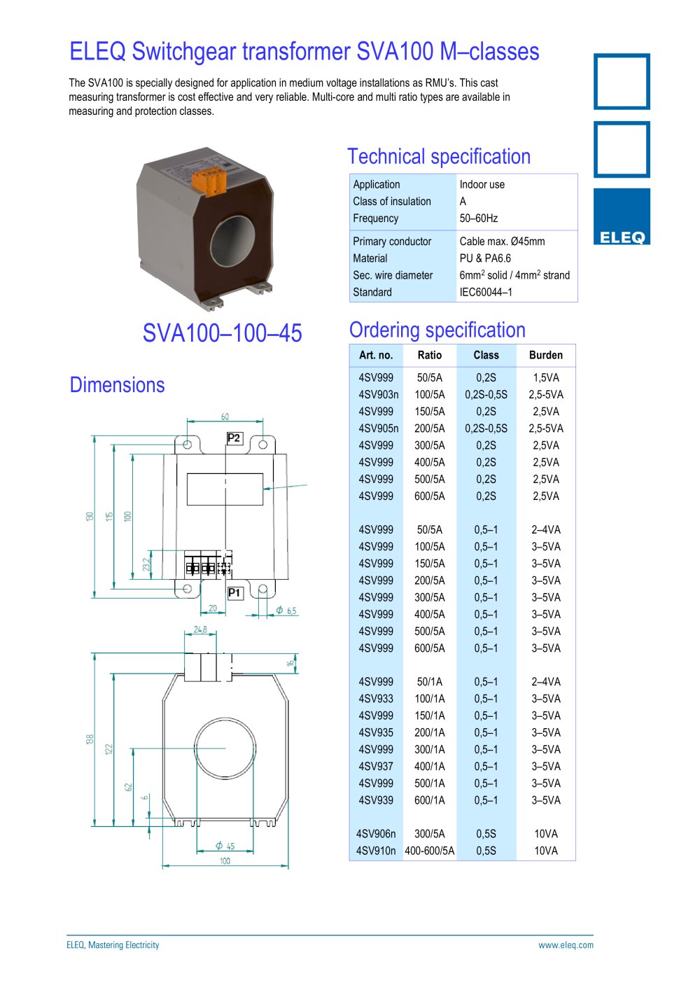 Switchgear transformer, model SVA100 - 1 / 2 Pages