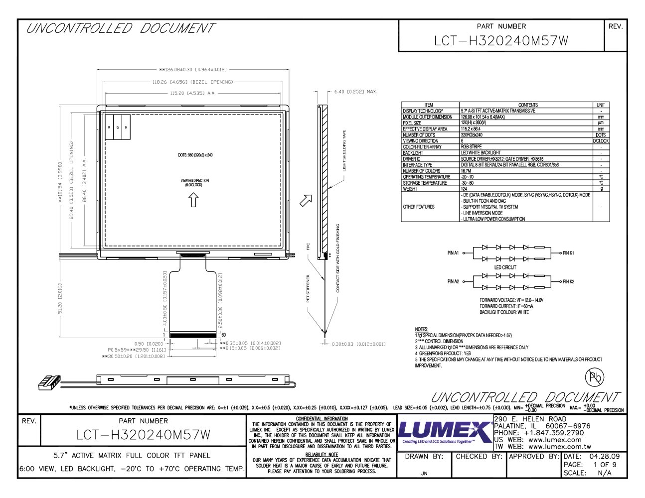 LCT-H320240M57W TFT LCDs with Optional Touch Screen 5.7" Modules - LUMEX