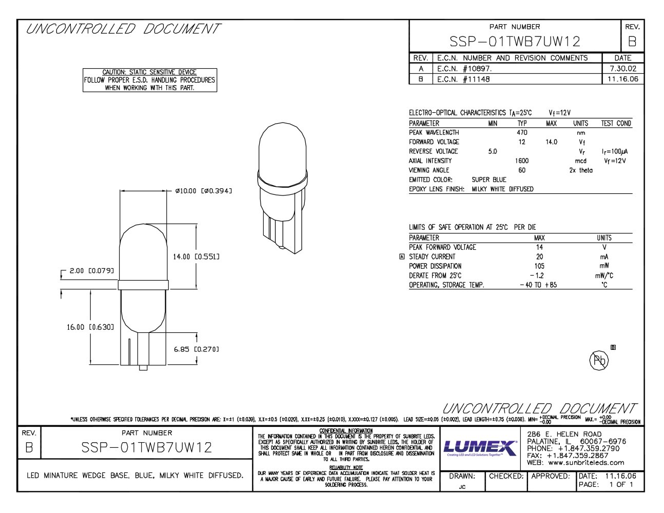 SSP-01TWB7UW12 LED Miniature Wedge Base - LUMEX