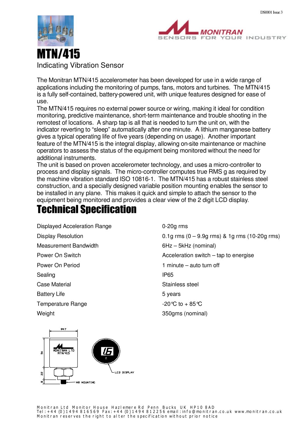 condition monitoring and diagnosis system  MTN/415 - Monitran