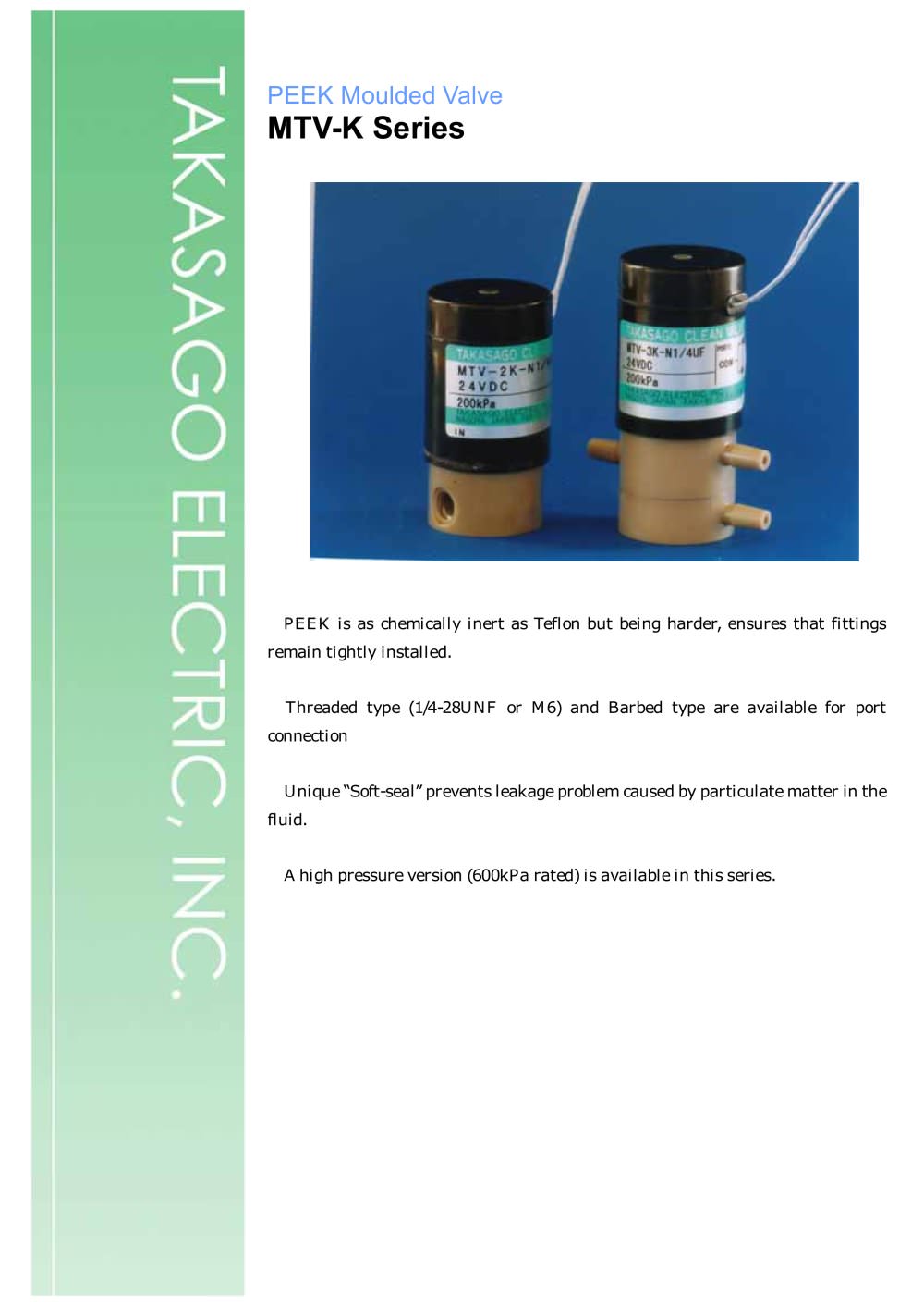 PEEK Moulded Valve MTV-K Series - TAKASAGO ELECTRIC