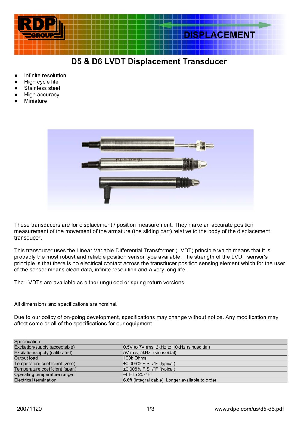 D5 & D6 LVDT Displacement Transducer - RDP Electronics