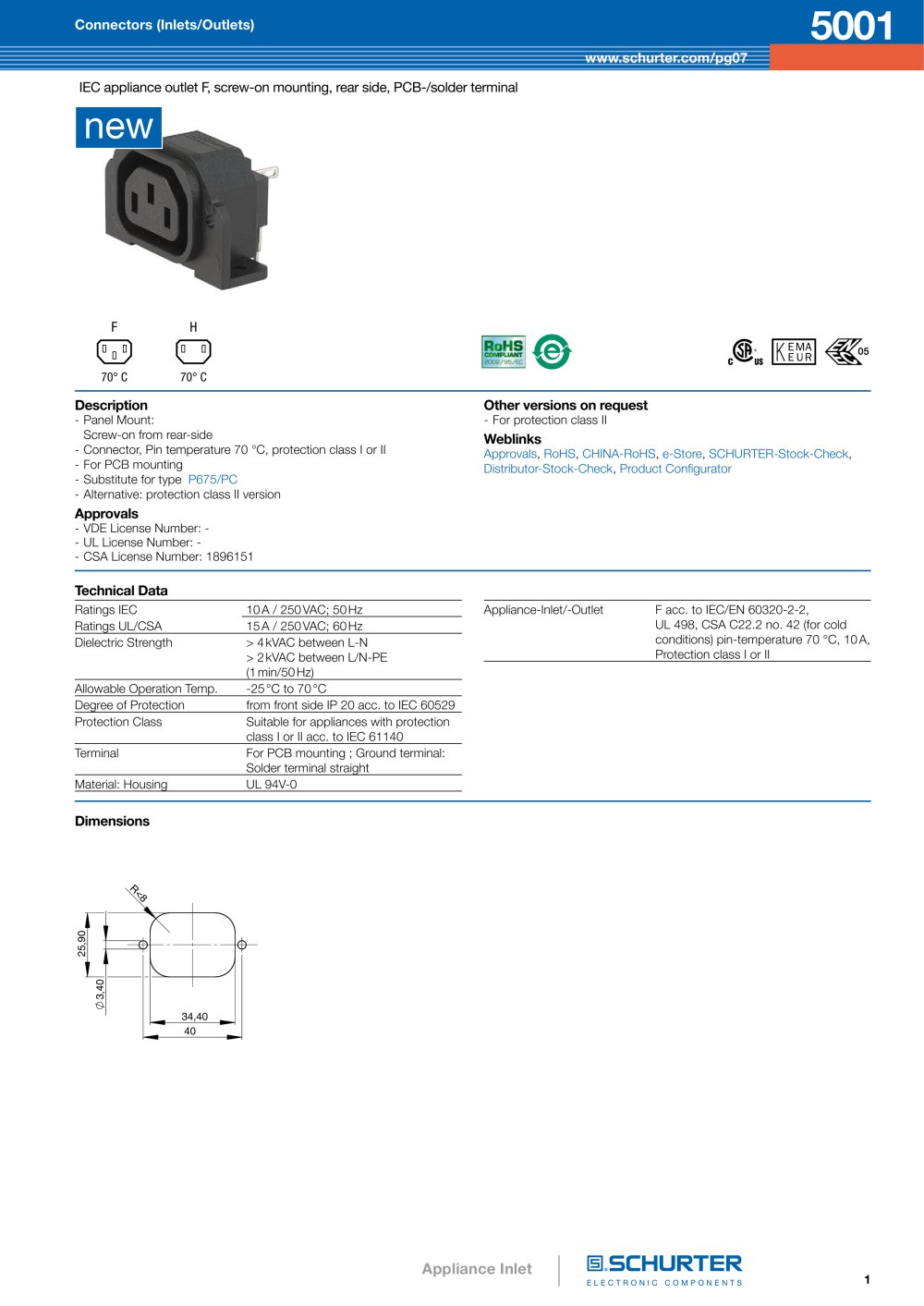 Appliance Outlet for PCB - Series 5001 - SCHURTER