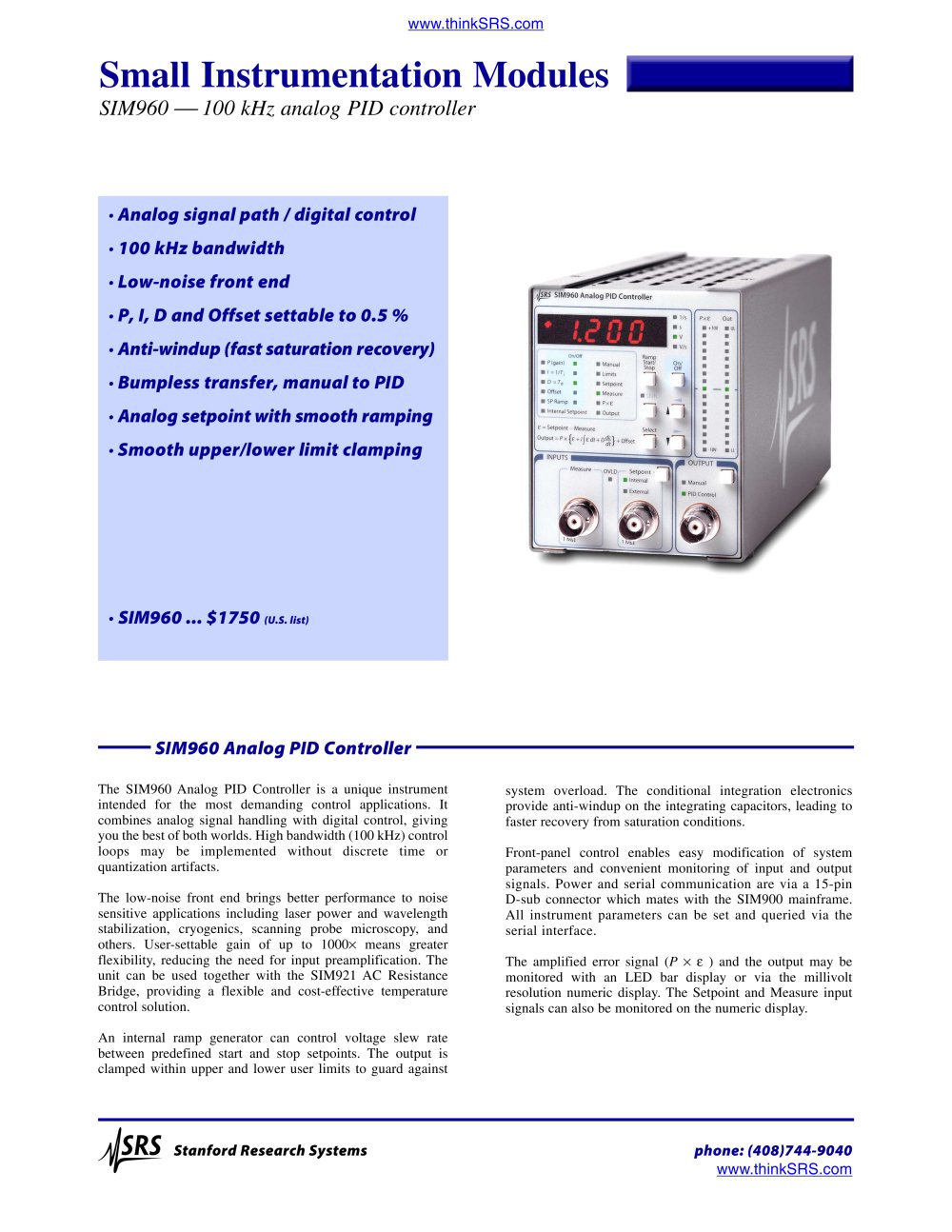 Analog PID Controller - Stanford Research Systems