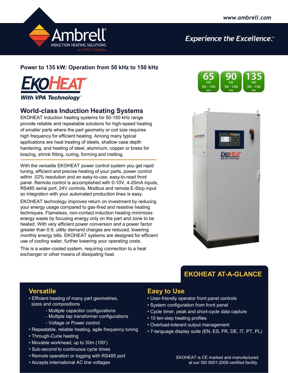 EKOHEAT power to 135kW, operation from 50kHz to 150kHz - Ambrell