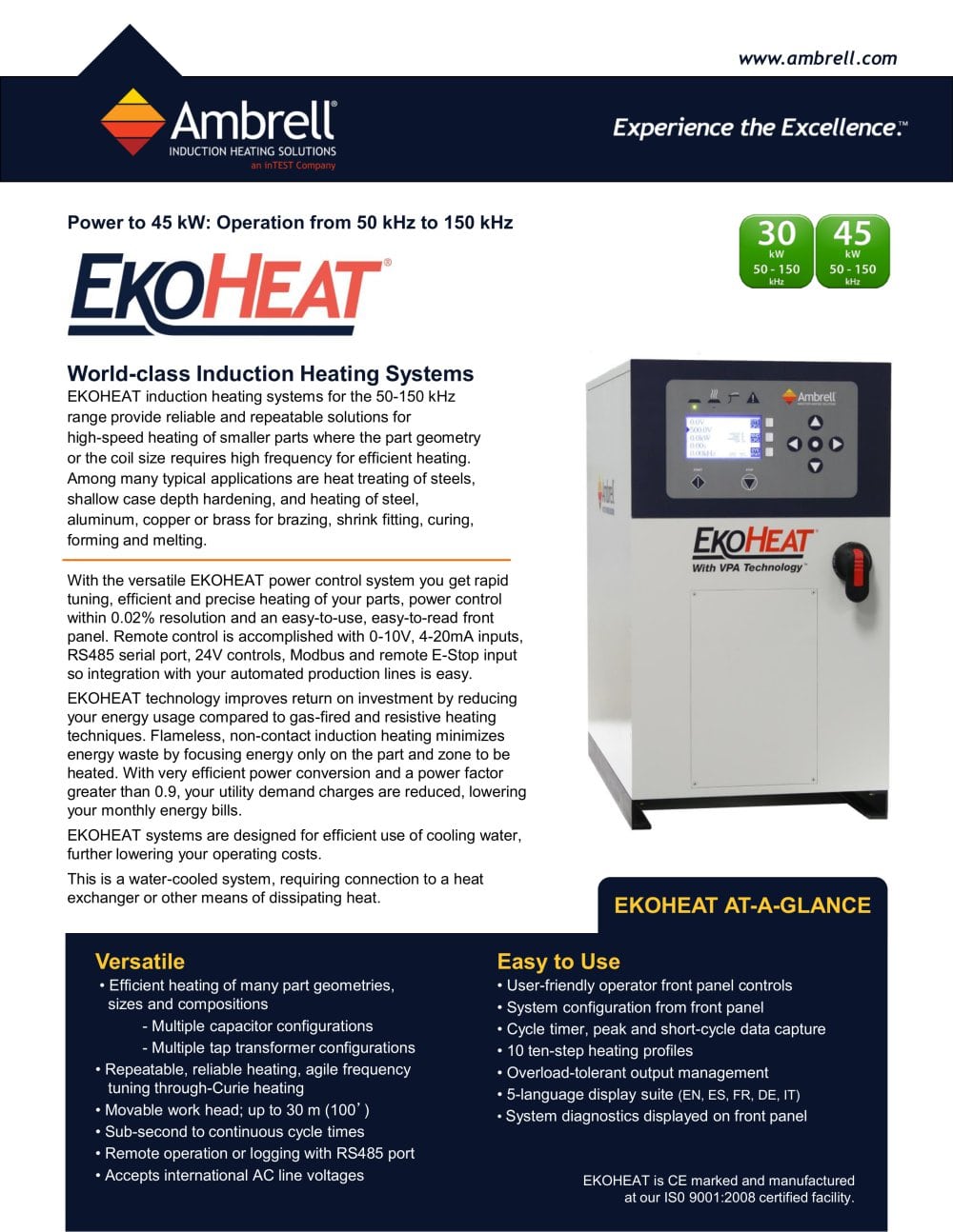 EKOHEAT power to 45kW, operation from 50kHz to 150kHz - Ambrell