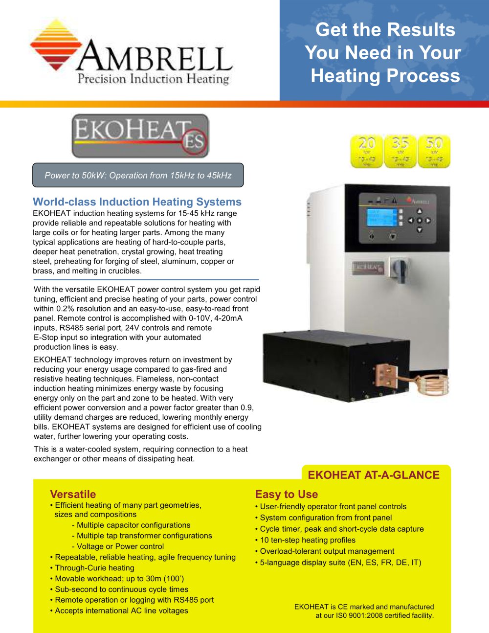 EKOHEAT power to 50kW, operation from 15kHz to 45kHz - Ambrell