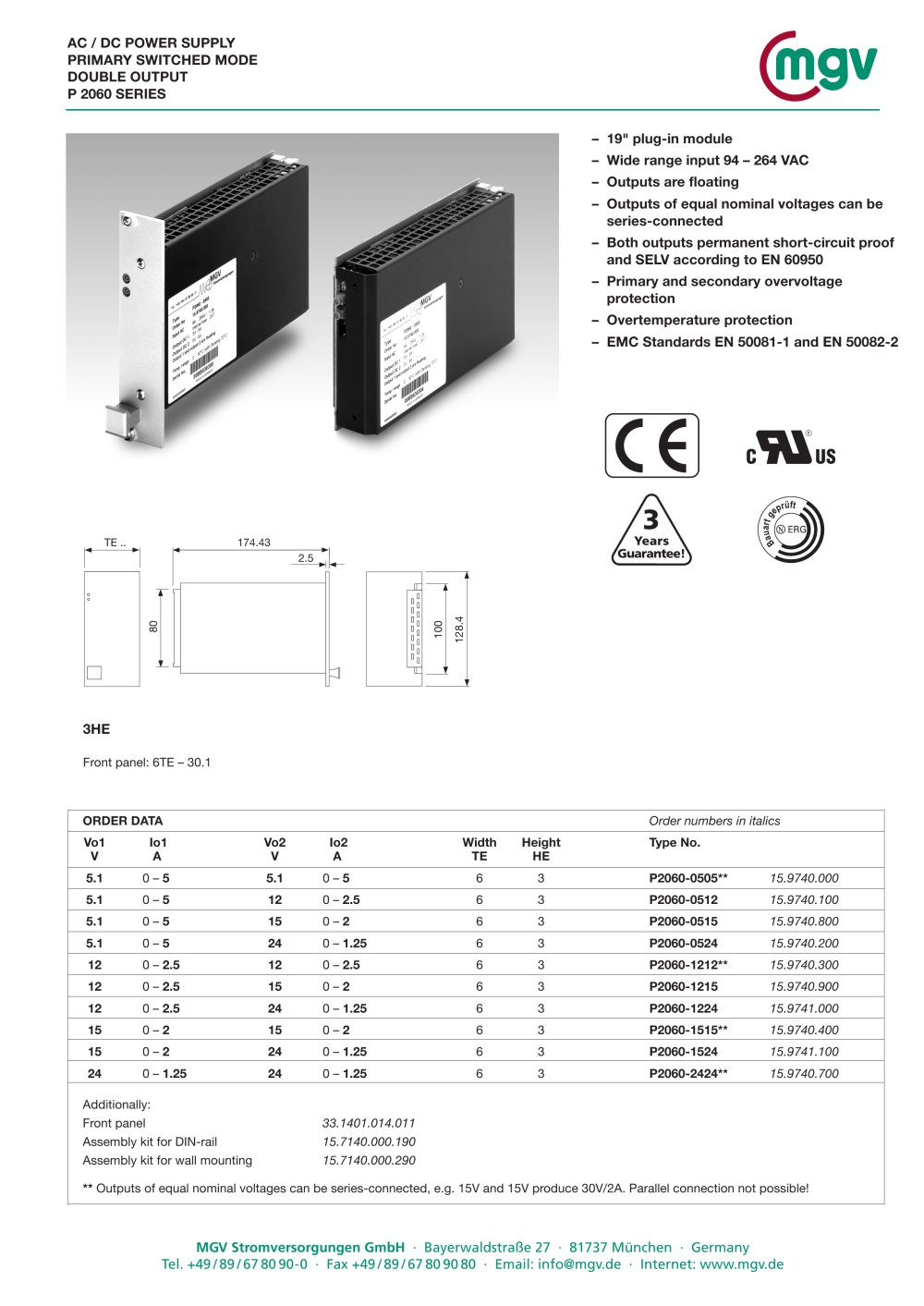 AC / DC POWER SUPPLY PRIMARY SWITCHED MODE DOUBLE OUTPUT P 2060 SERIES - MGV