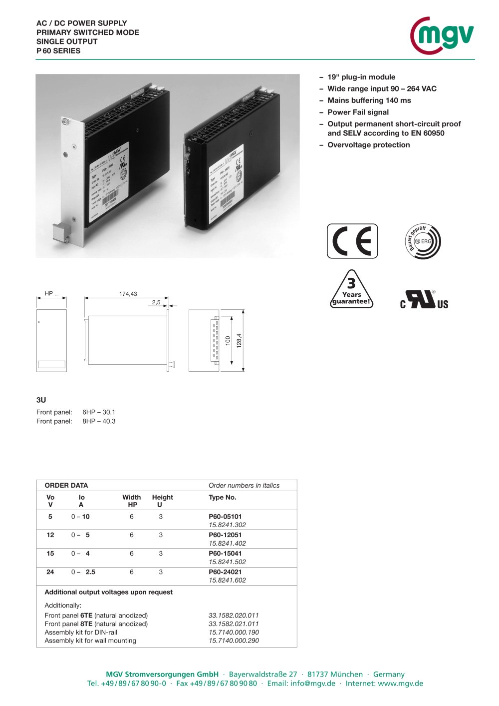AC / DC POWER SUPPLY PRIMARY SWITCHED MODE SINGLE OUTPUT P 60 SERIES - MGV