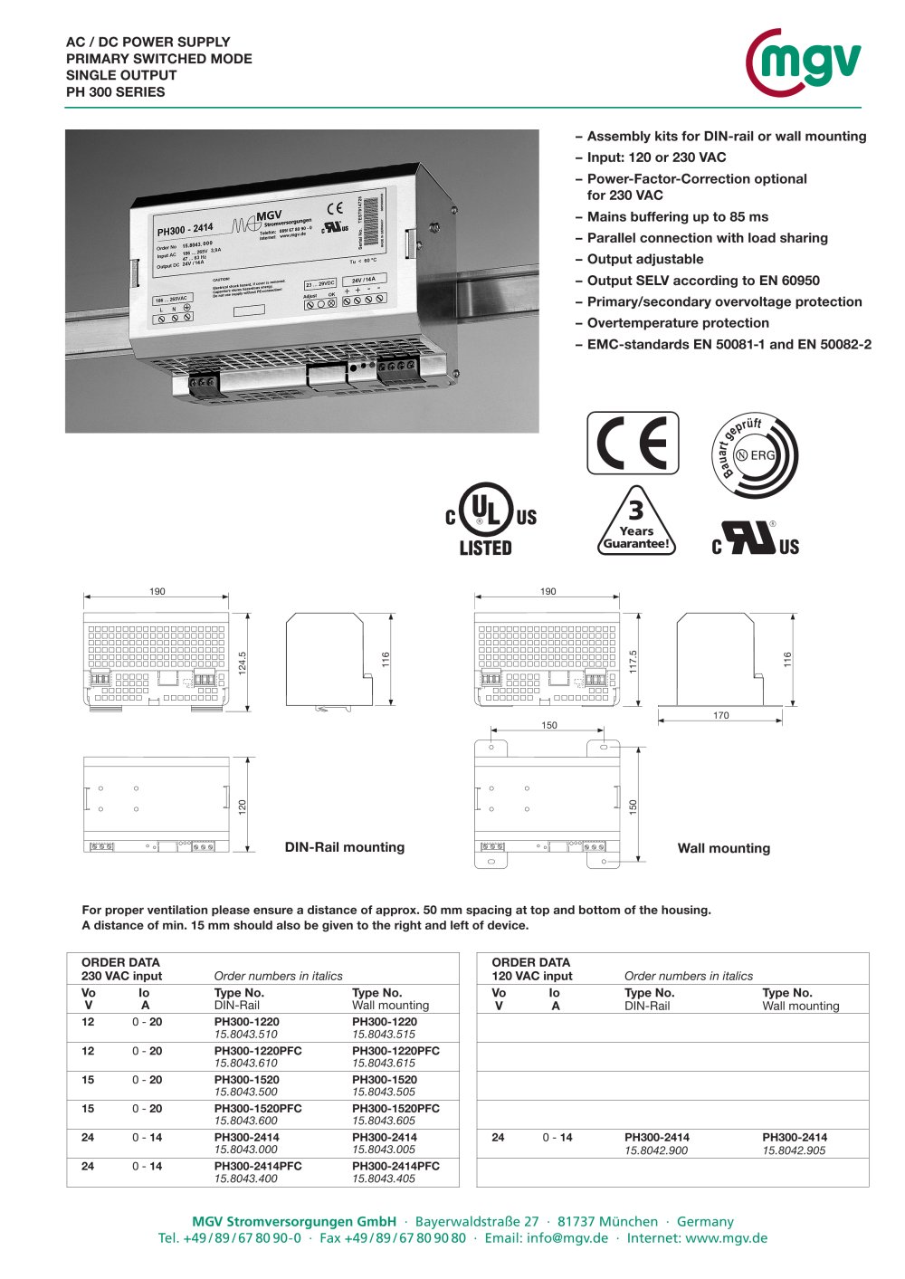 AC / DC POWER SUPPLY PRIMARY SWITCHED MODE SINGLE OUTPUT PH 300 SERIES - MGV