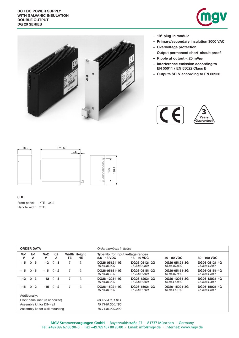 DC / DC POWER SUPPLY WITH GALVANIC INSULATION DOUBLE OUTPUT DG 26 SERIES - MGV