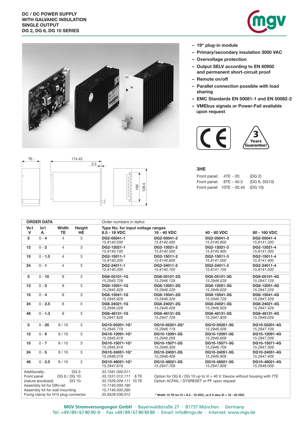 DC / DC POWER SUPPLY WITH GALVANIC INSULATION SINGLE OUTPUT DG 2, DG 6, DG 10 SERIES - MGV