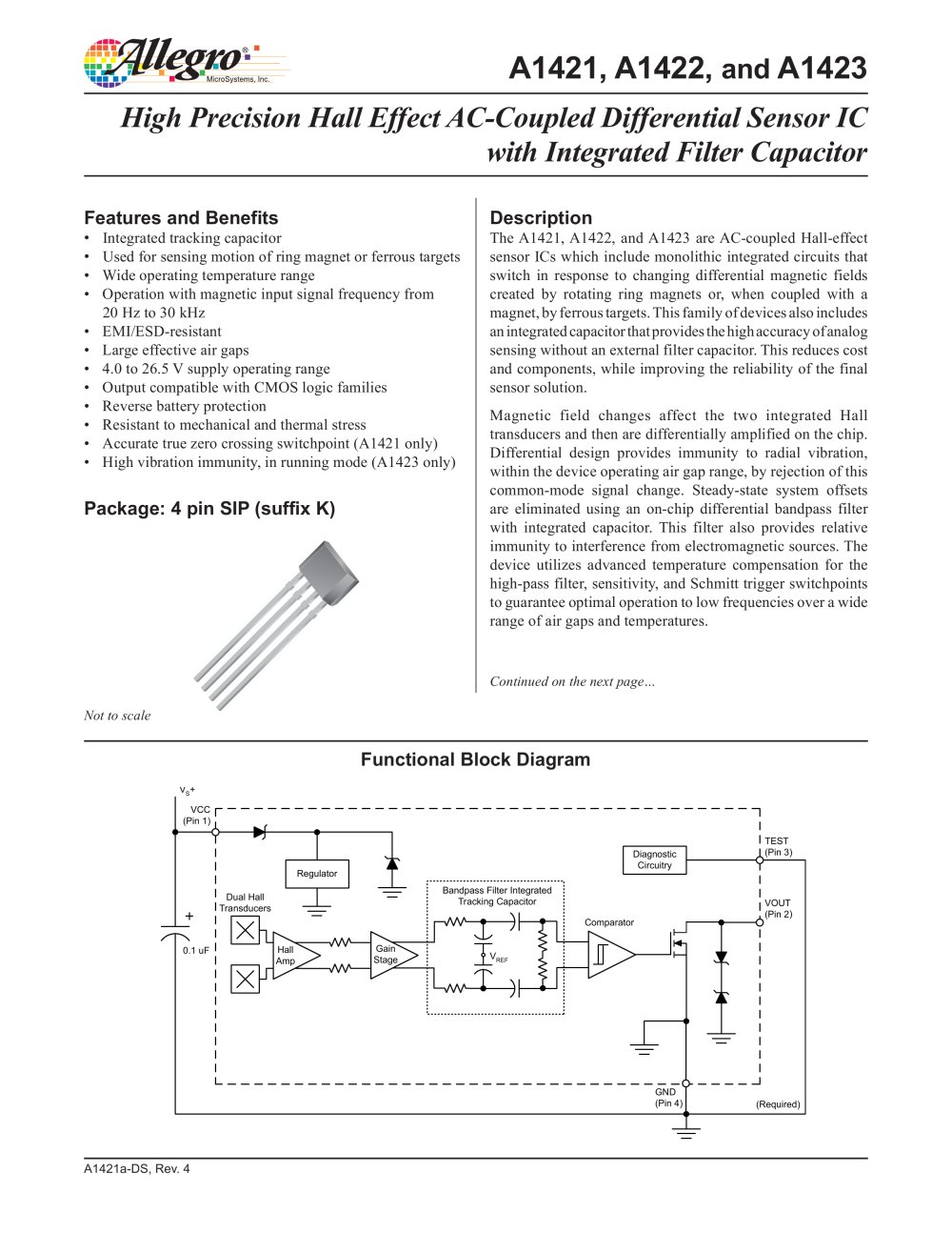 A1421, A1422, A1423: High Precision Hall Effect AC-Coupled Differential Sensor IC with Integrated Filter Capacitor - ALLEGRO MICROSYSTEMS