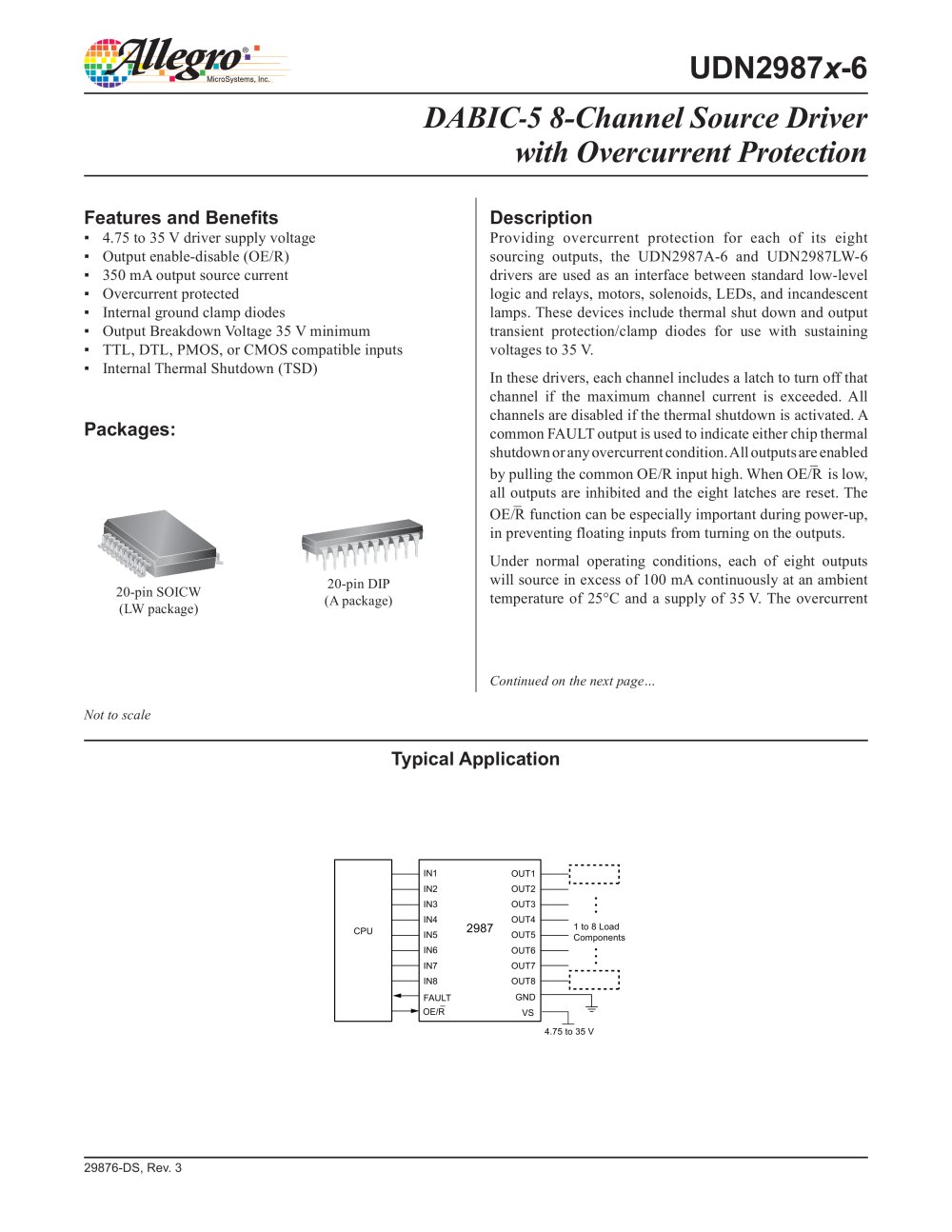 UDN2987x-6: DABIC-5 8-Channel Source Driver with Overcurrent Protection (PDF) - ALLEGRO MICROSYSTEMS