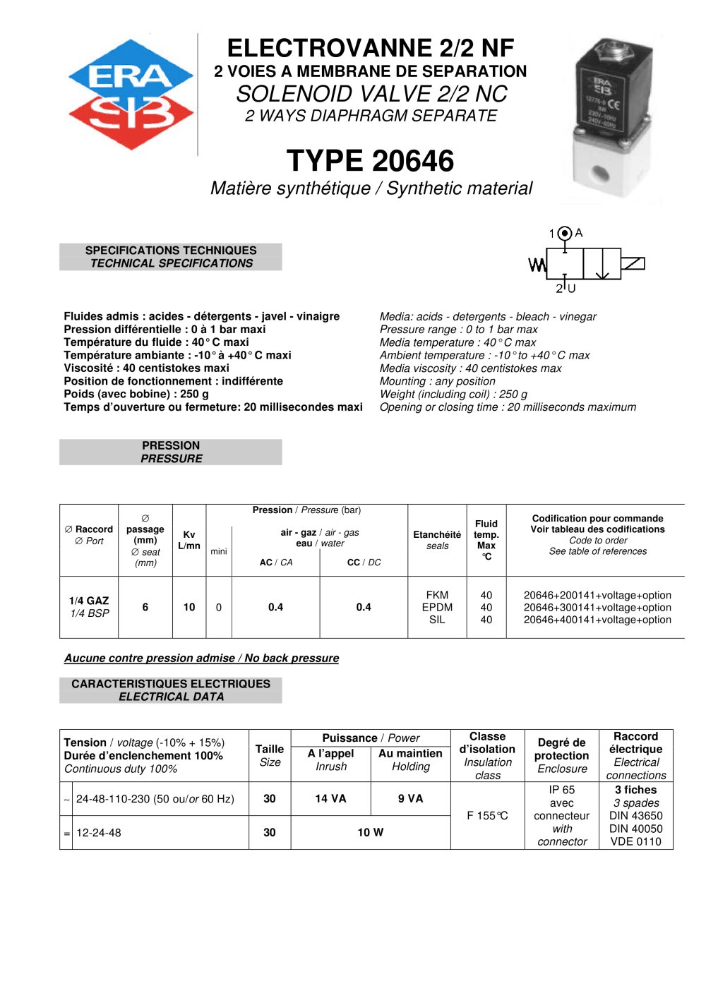 2-way diaphragm solenoid valve datasheet - ERA-SIB