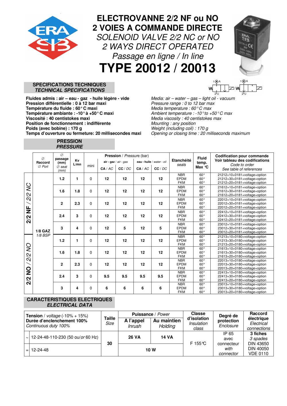 Direct acting 2/2 solenoid valve- plastic - ERA-SIB