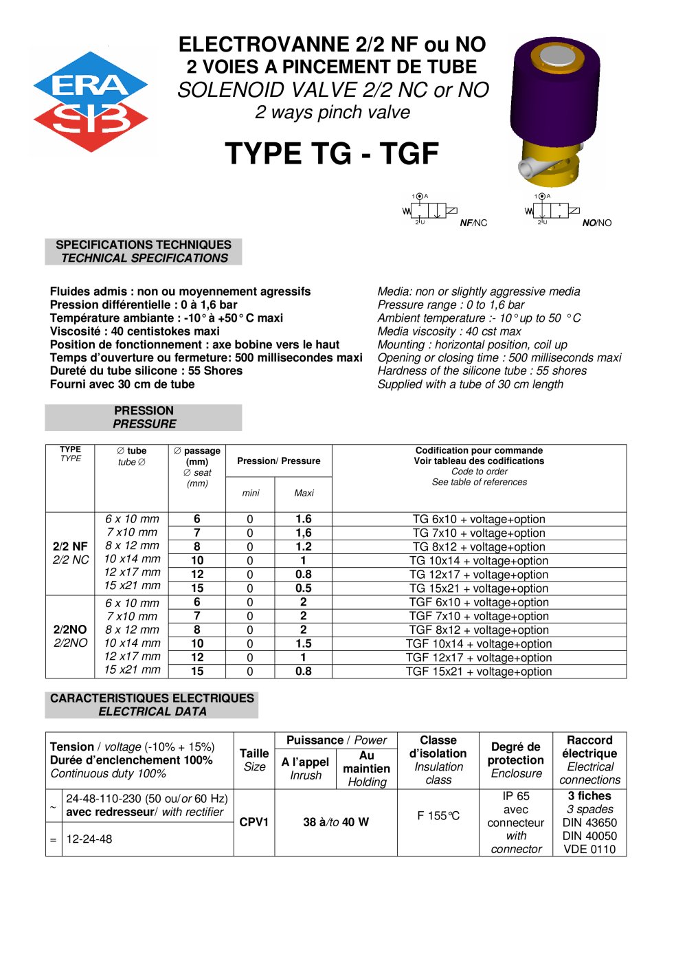 Electric pinch valve datasheet - ERA-SIB