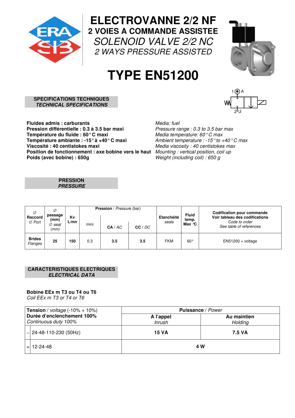 fuel oil solenoid valve datasheet - ERA-SIB