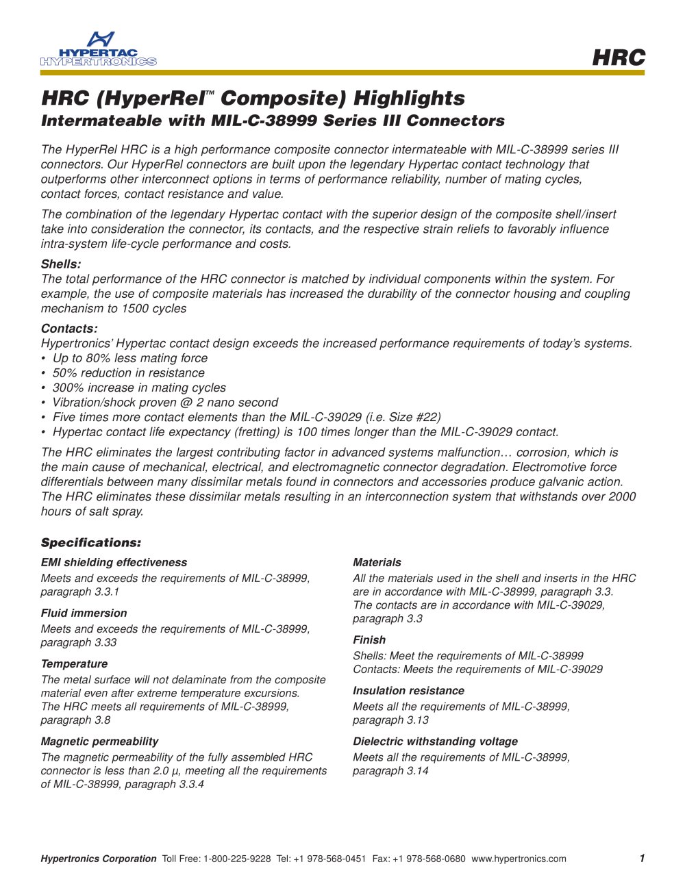 HRC (HyperRel� Composite) Highlights - Hypertac Interconnect