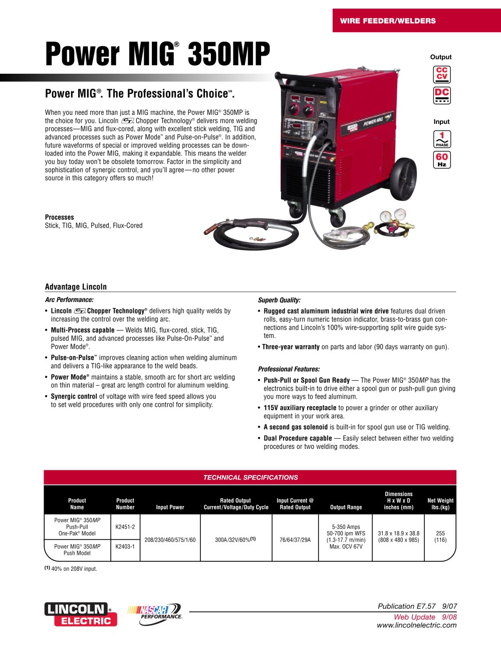 MIG Welders - Integrated Power Source and Wire Feeder  Power MIG 350MP - Lincoln Electric