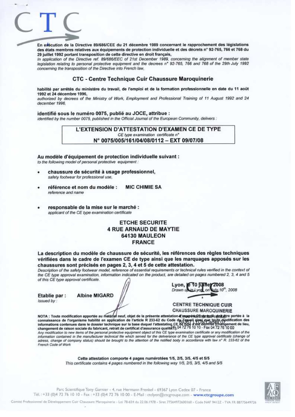 MIC CHIMIE SA boots - ETCHE SECURITE