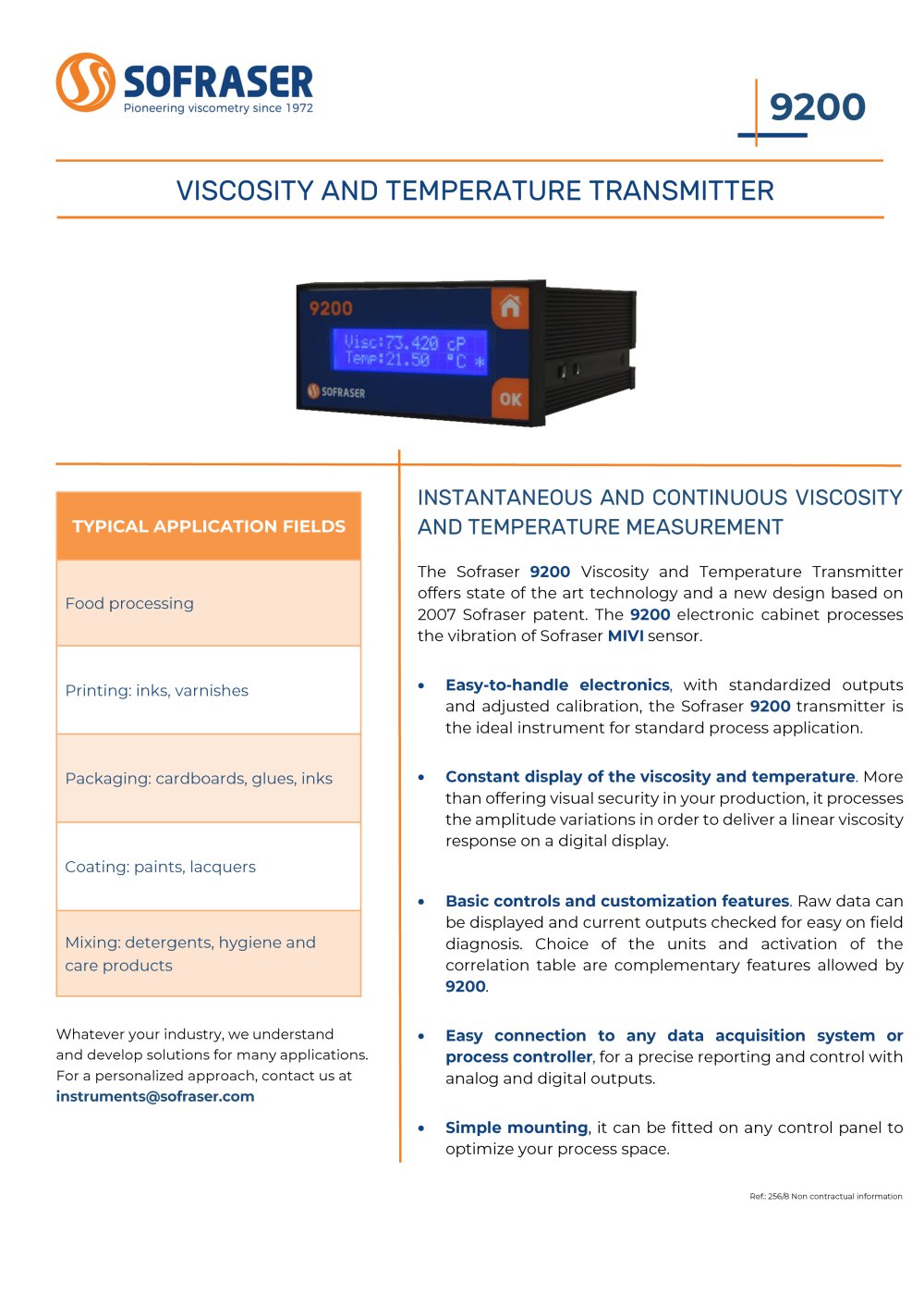 9200 VISCOSITY AND TEMPERATURE TRANSMITTER - SOFRASER