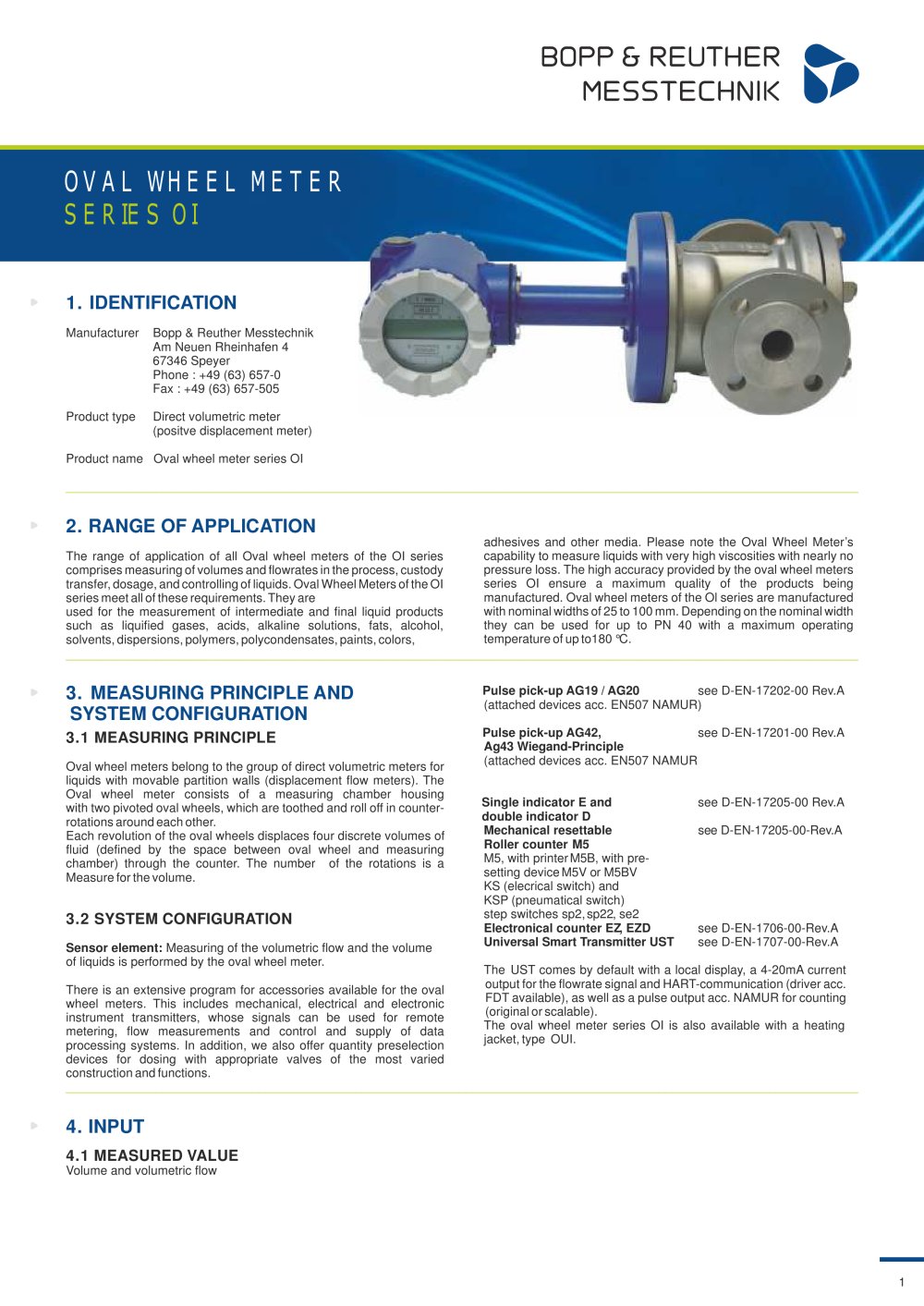 OVAL WHEEL METER SERIES OI - Bopp & Reuther Messtechnik