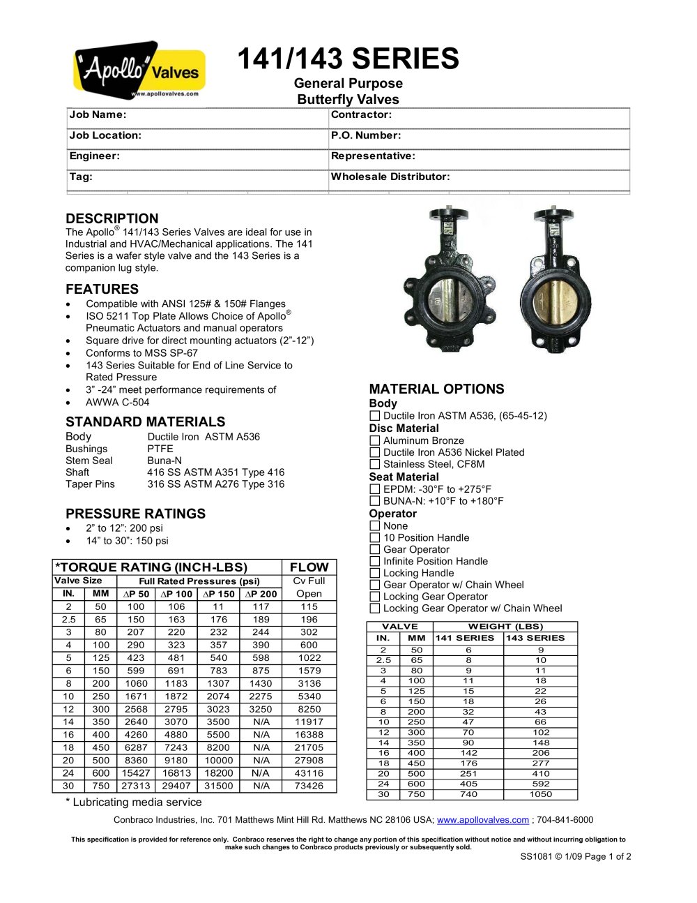 141/143 SERIES General Purpose Butterfly Valves - Conbraco Industries