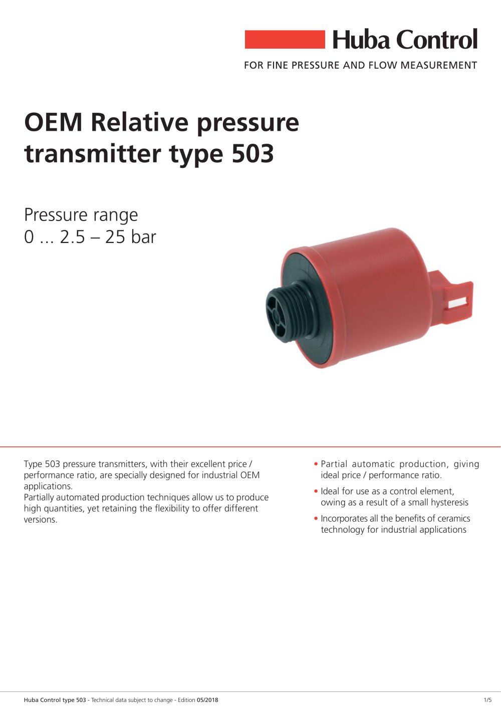 OEM Relative pressure transmitter Type 503 - HUBA CONTROL