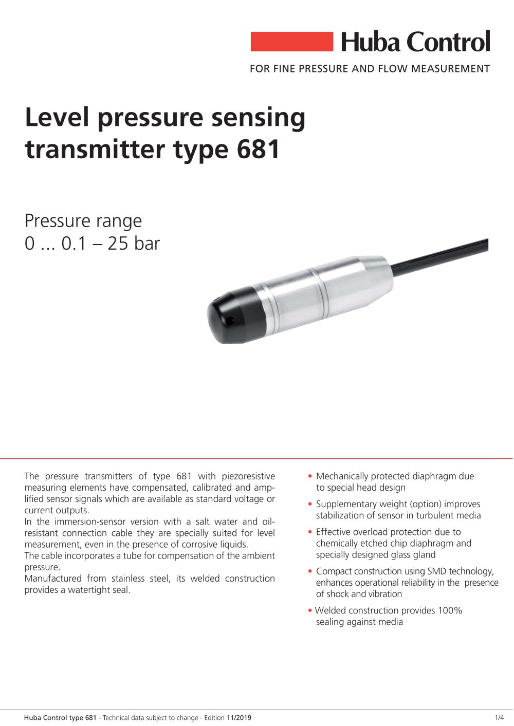Relative pressure-type level sensing transmitter Type 681 - HUBA CONTROL