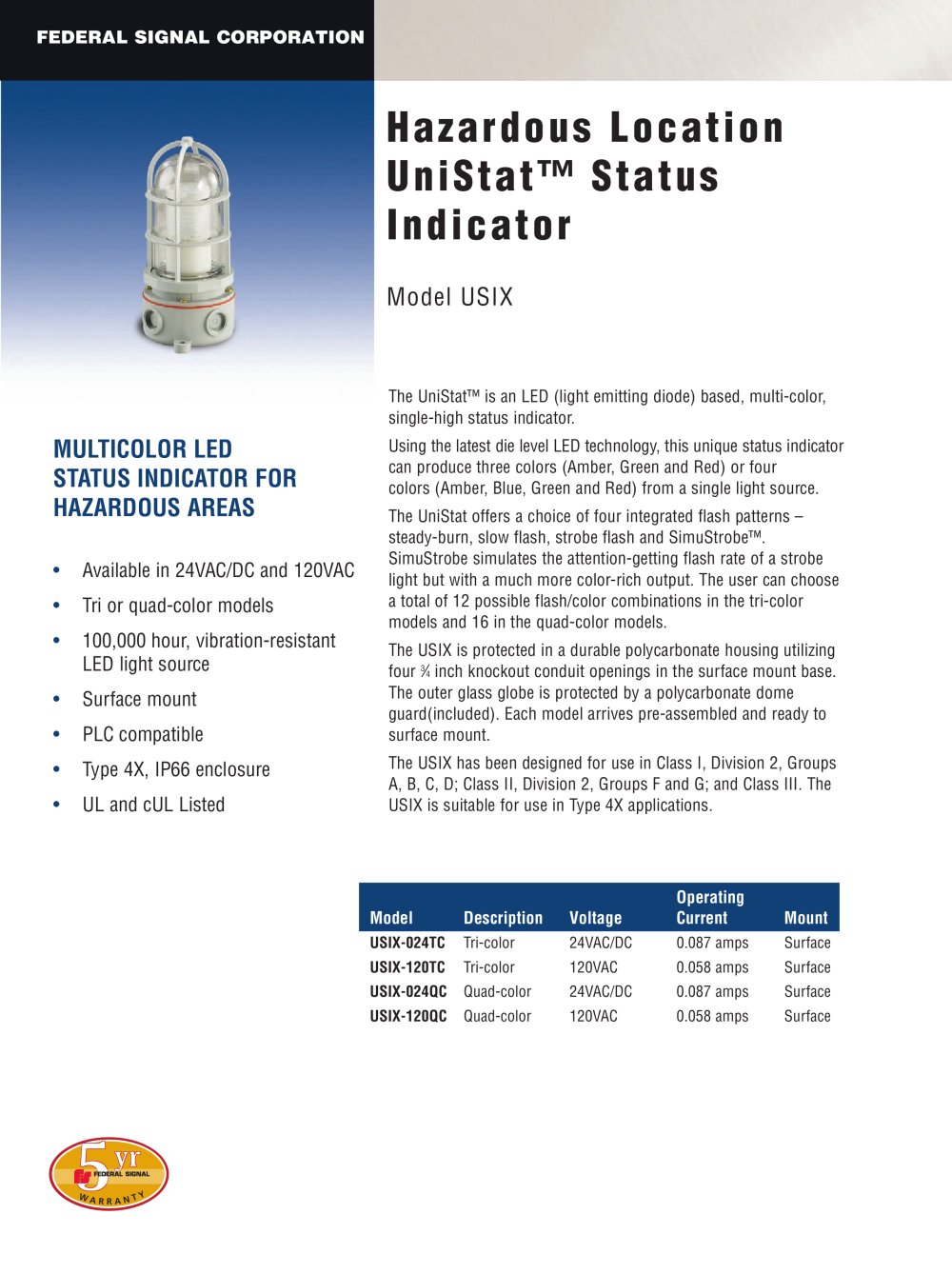 Hazardous Location UniStat� Status Indicator - FEDERAL SIGNAL
