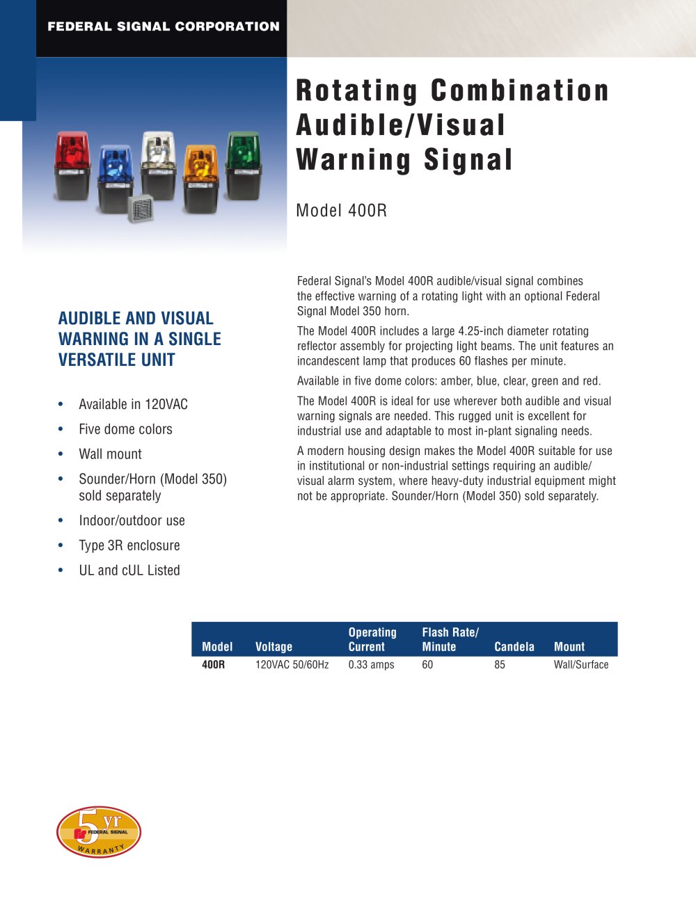 Rotating Combination Audible/Visual Warning Signal - FEDERAL SIGNAL