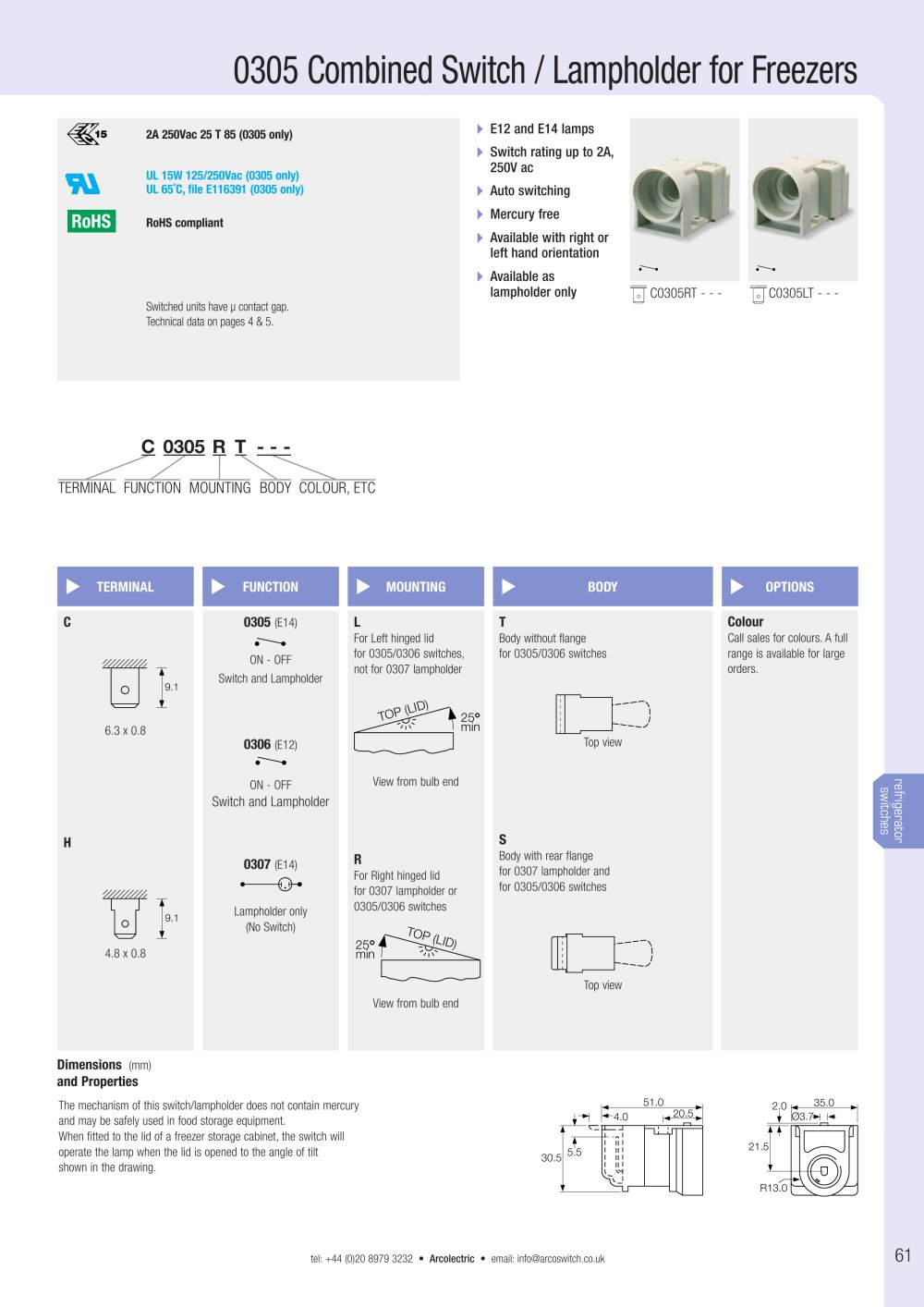 Refrigerator Switches - Arcolectric