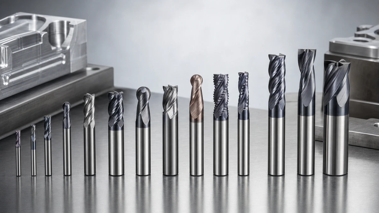 High speed CNC machine spindle using a solid carbide end mill to profile a structural steel component in a factory.