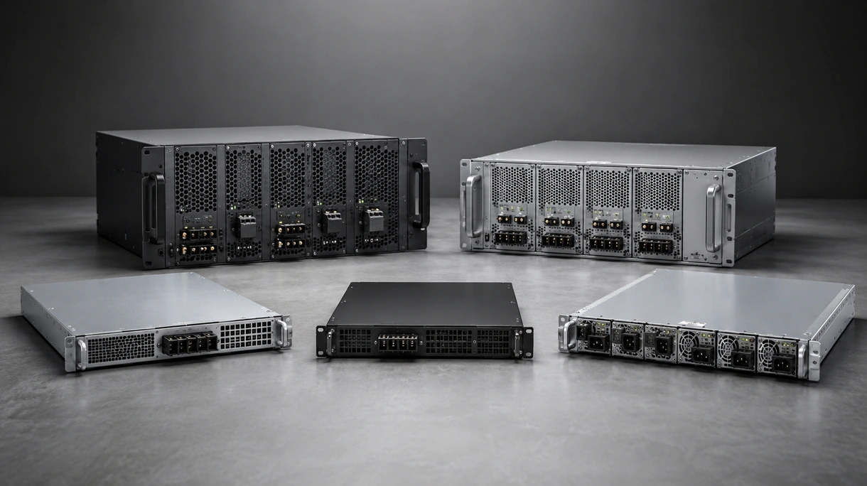 Technician installing a redundant rack-mount power supply into a modular server cabinet within an industrial facility.