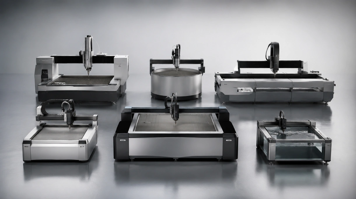 CNC water-jet cutting machine slicing through a thick industrial stainless steel plate in a heavy manufacturing facility.