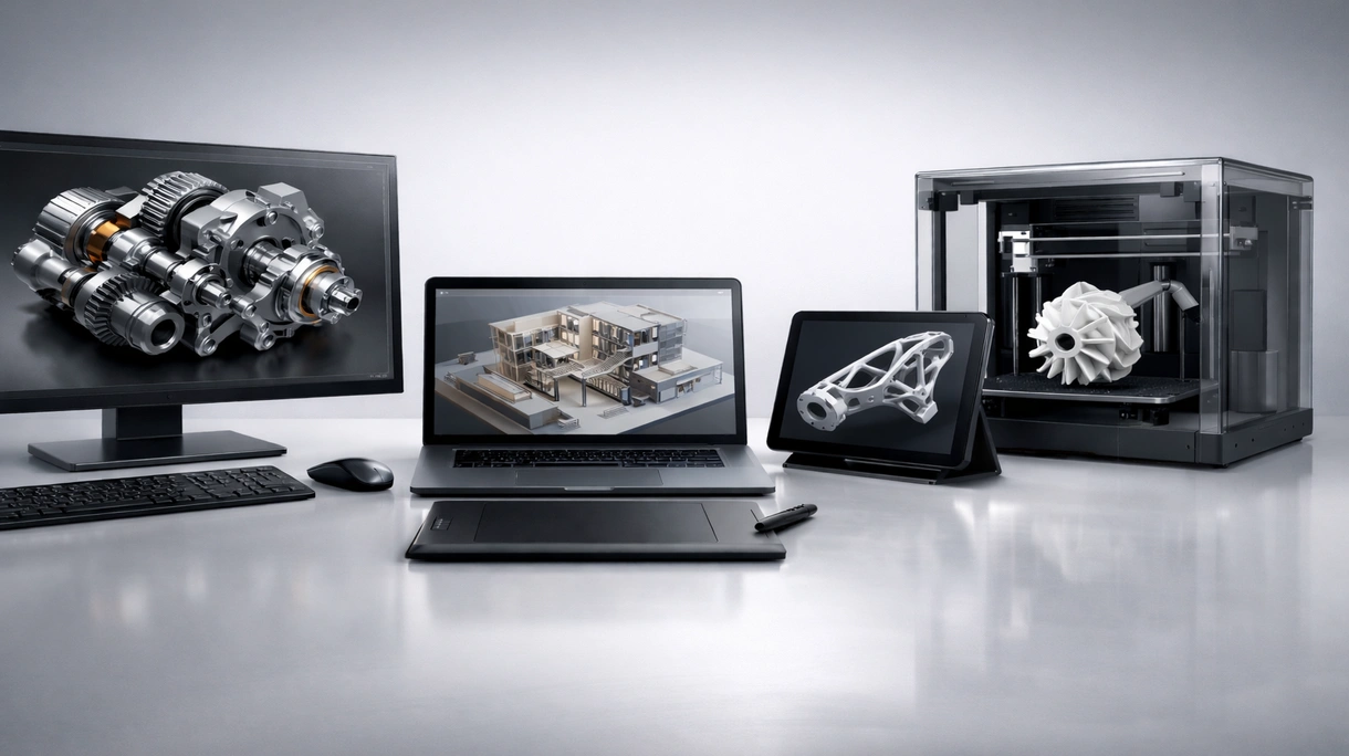 Industrial engineer using CAD software to design a robotic assembly line in a professional manufacturing facility environment.
