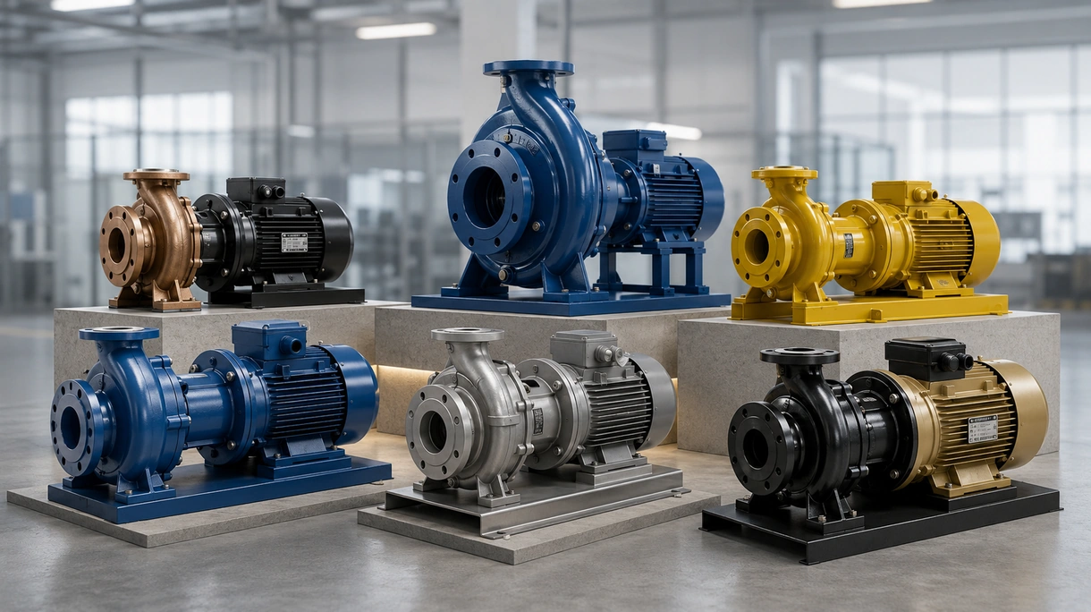 Industrial centrifugal pump assembly installed in a municipal water treatment facility with heavy-duty steel piping and motor drive.
