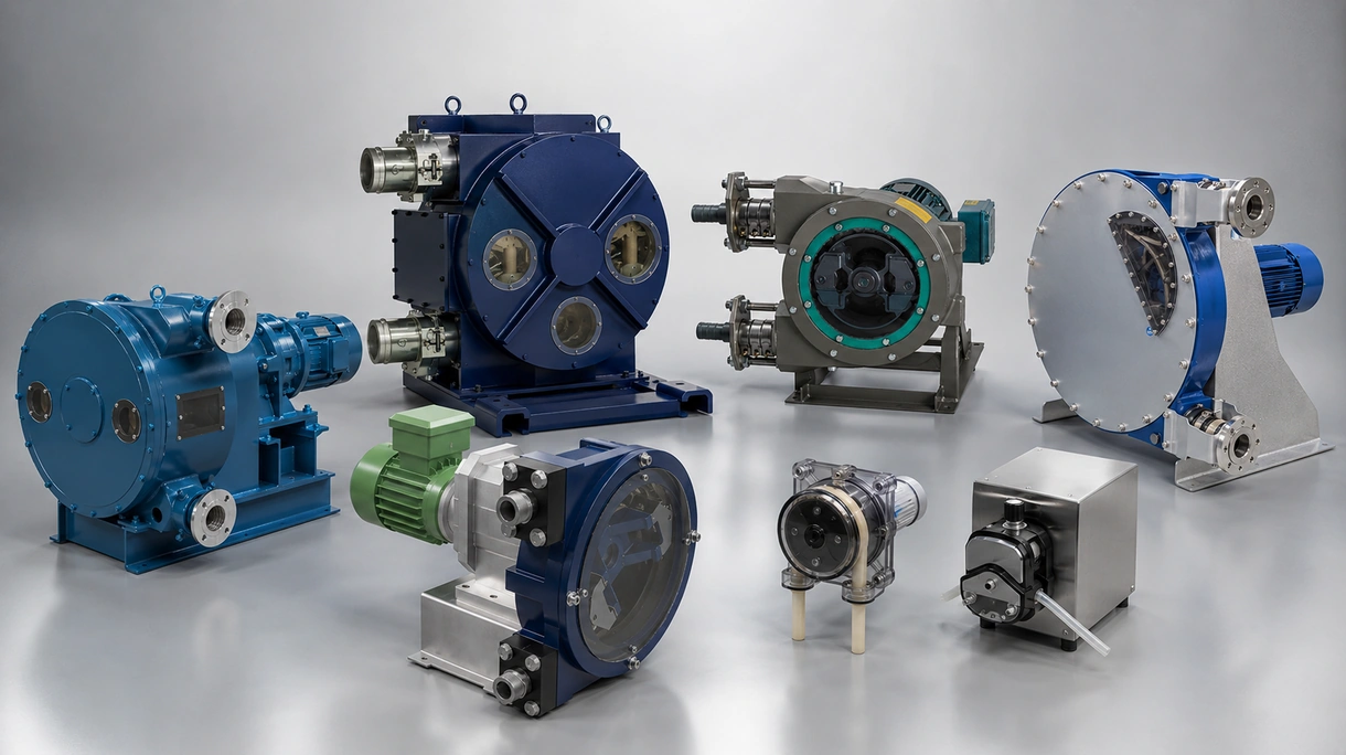 Industrial peristaltic pump installed in a chemical plant transferring corrosive fluids through reinforced flexible tubing.