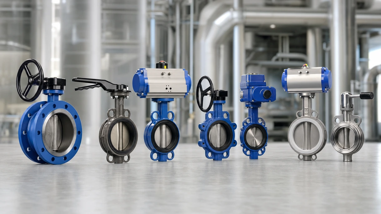 Automated butterfly valve installed in a stainless steel industrial piping system for chemical processing and flow control.