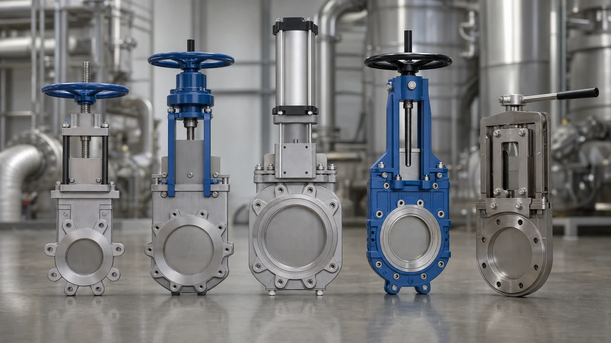 Pneumatic knife gate valve installed on a steel pipeline within a mineral processing plant for slurry flow control.