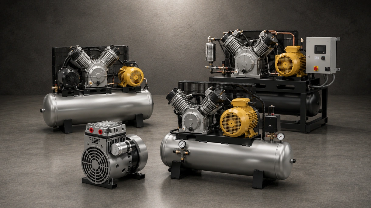 Industrial piston compressor installed in a manufacturing facility providing high-pressure air to a pneumatic assembly line.