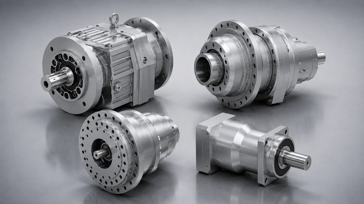 Inline coaxial gear reducer mounted to an electric motor driving a heavy-duty conveyor belt in a logistics sorting facility.