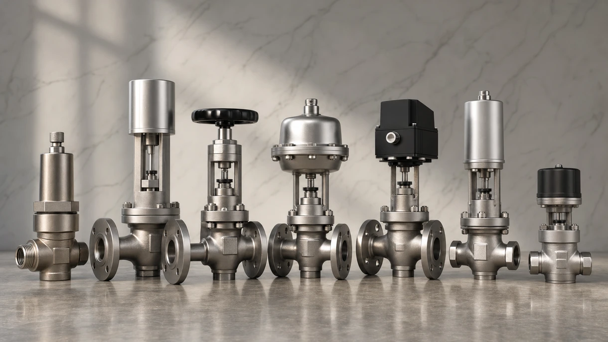 Piston valve installed in a high-pressure industrial steam distribution manifold within a manufacturing plant facility.
