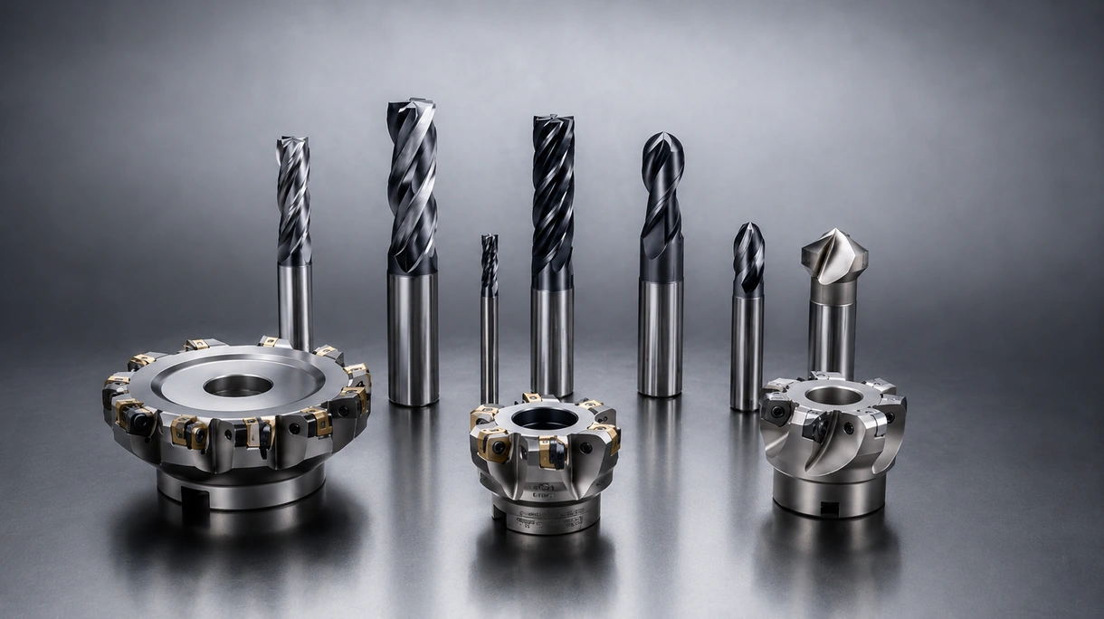 CNC milling cutter performing high speed metal removal on an industrial steel workpiece within a vertical machining center.
