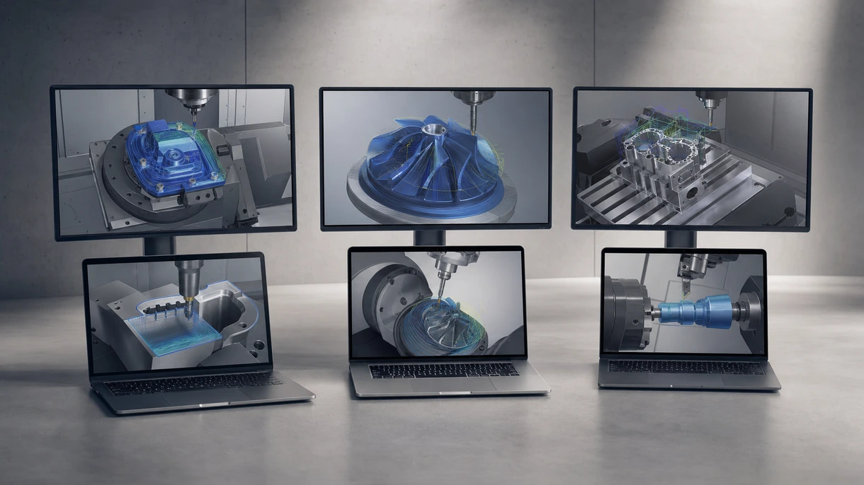 Professional engineer using CAM software to program complex five-axis CNC toolpaths on a high-resolution industrial workstation display.